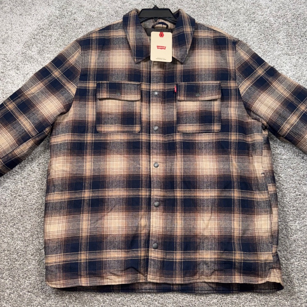 Levi's Plaid Quilted Lined Shirt Jacket Mens Blue Brown XL NEW
